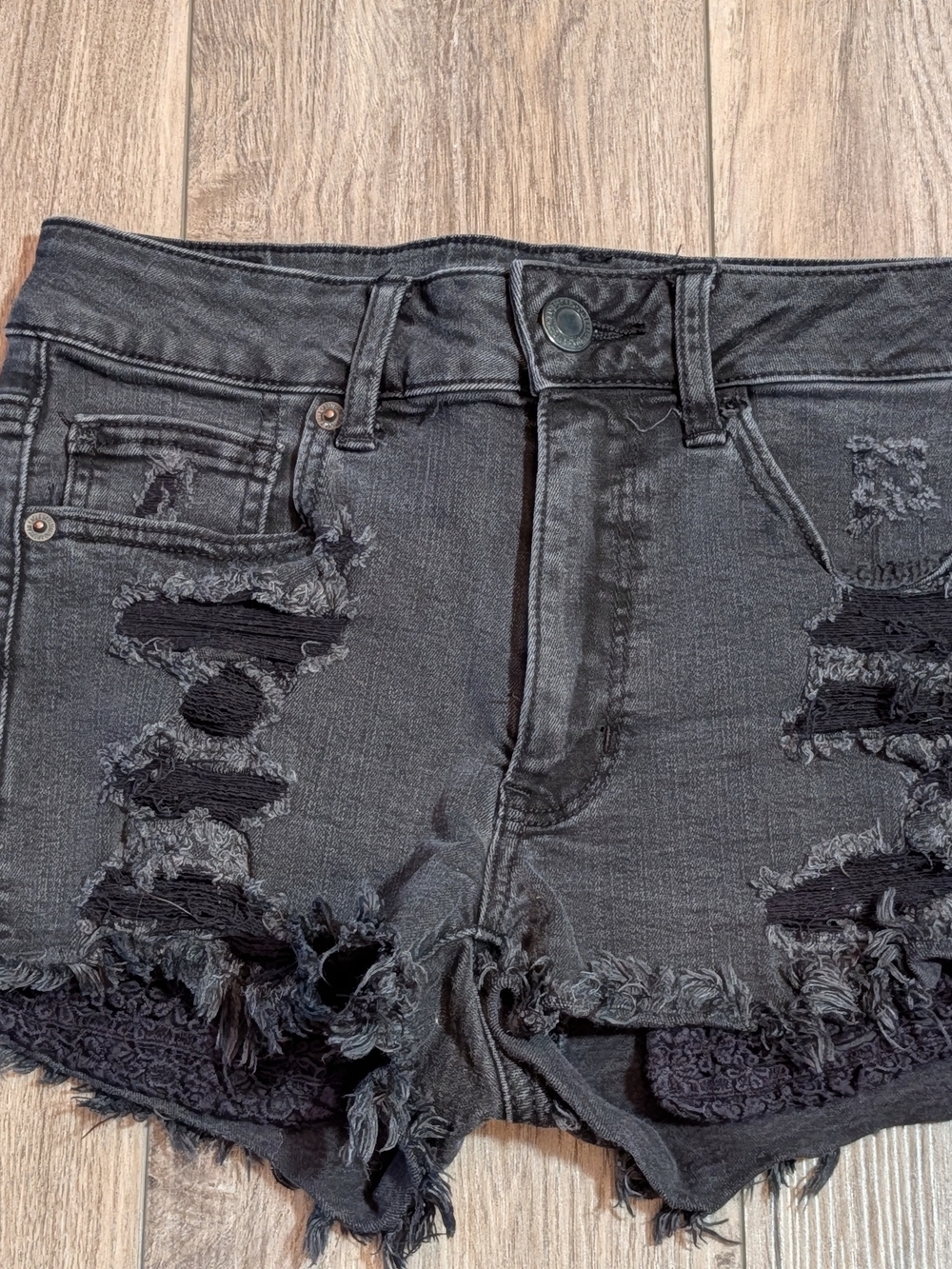 American Eagle Outfitters Black Distressed Lace-Trim Denim Shorts
